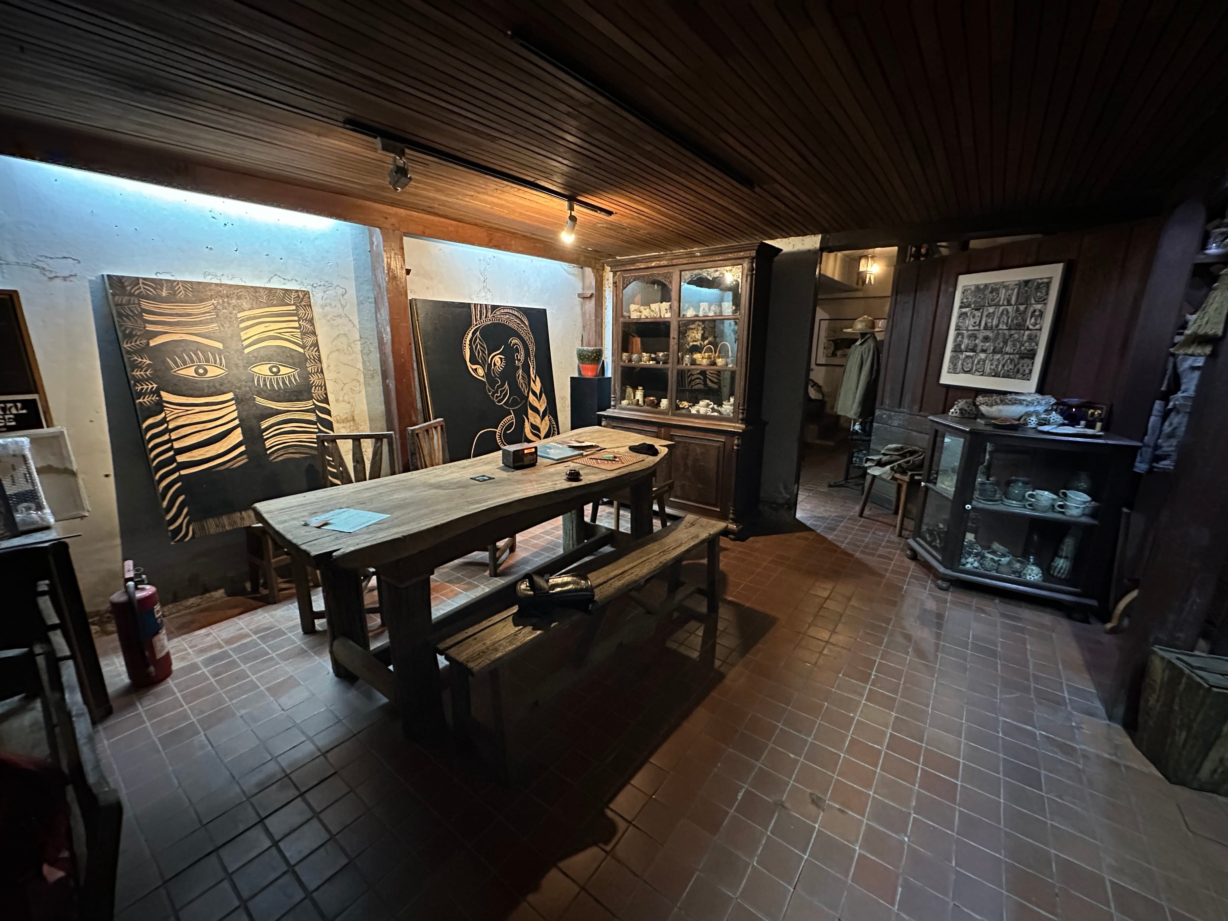 The studio — woodcut panels leaning against the wall